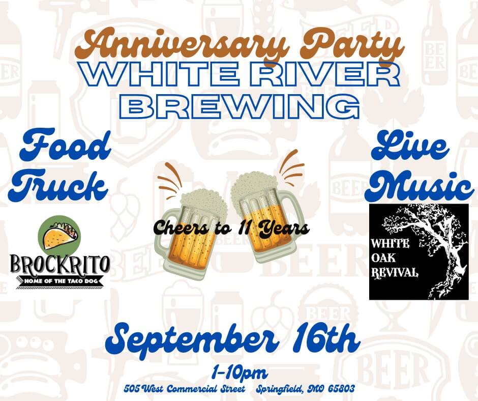 White river brewing company presents cheers to 11 years event. Food truck logo and live music logo. September 16th 1-10PM